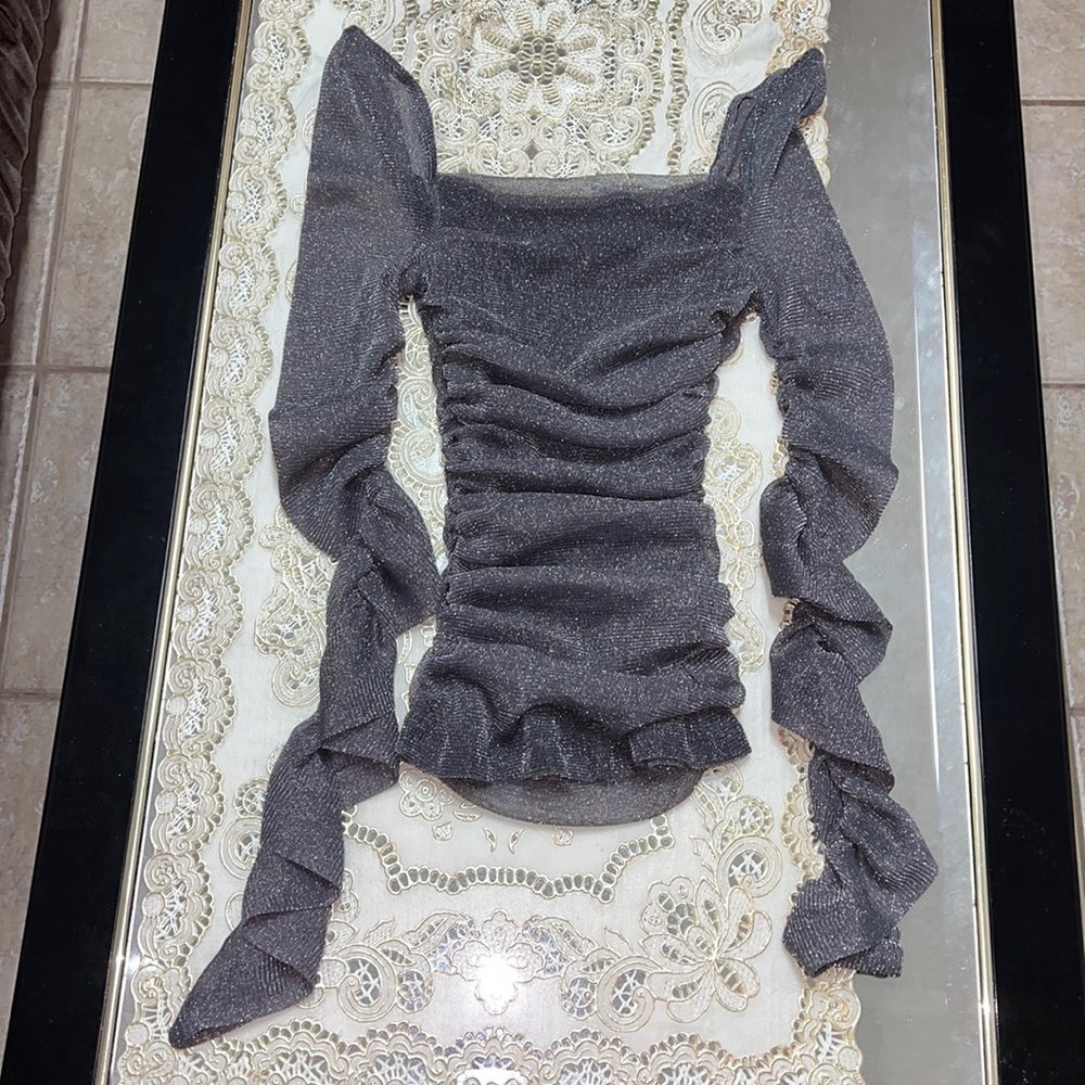 Shein grey metallic ruched long-sleeved top